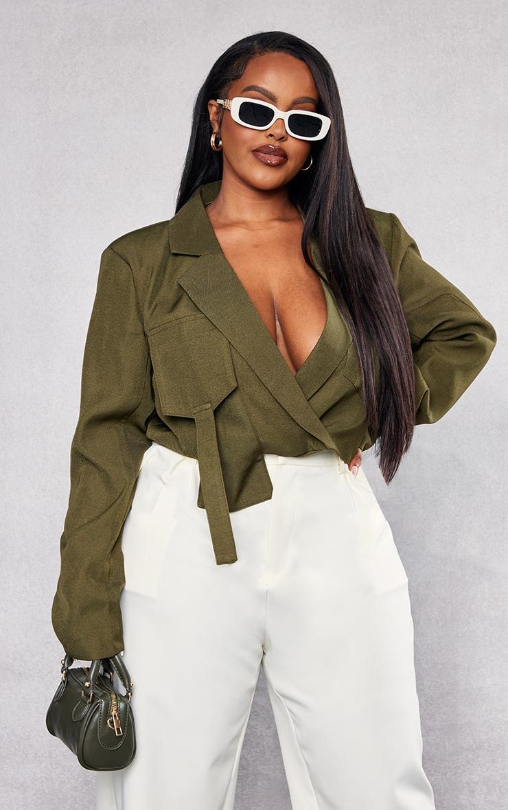 Plus Khaki Cargo Pocket Detail Crop Blazer Product Image