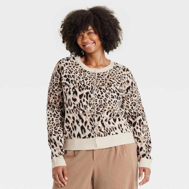 Womens Cozy Knit Cardigan - A New Day Brown Leopard Print XXL Product Image