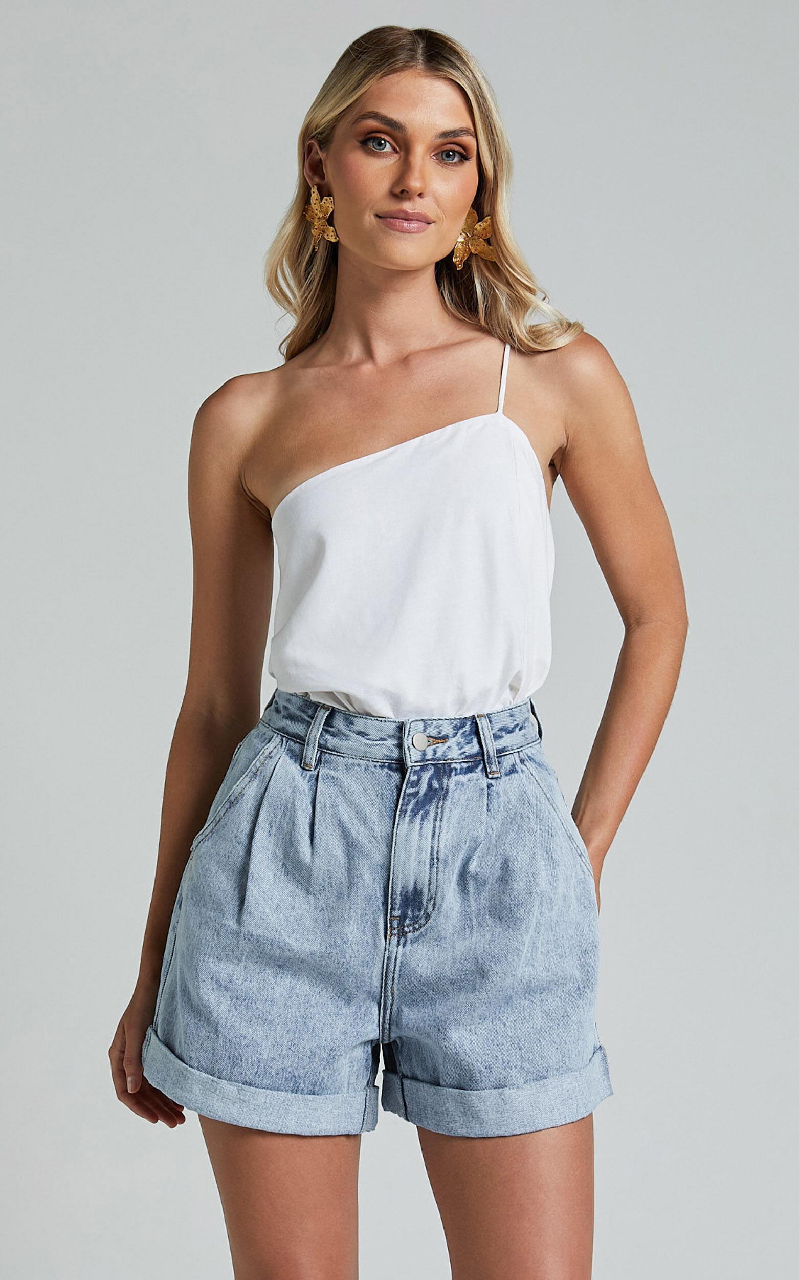 Amalie The Label - Jaylin Recycled Cotton High Waisted Denim Shorts in Light Blue Wash Product Image