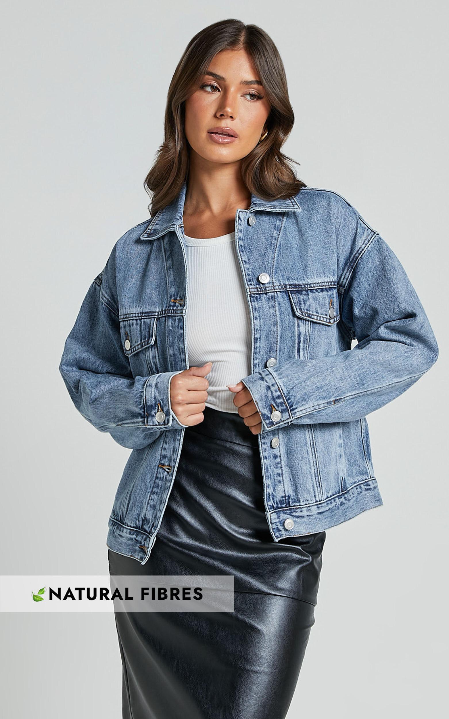 Lindsey Jacket - Long Sleeve Denim Jacket in Mid Blue Wash Product Image