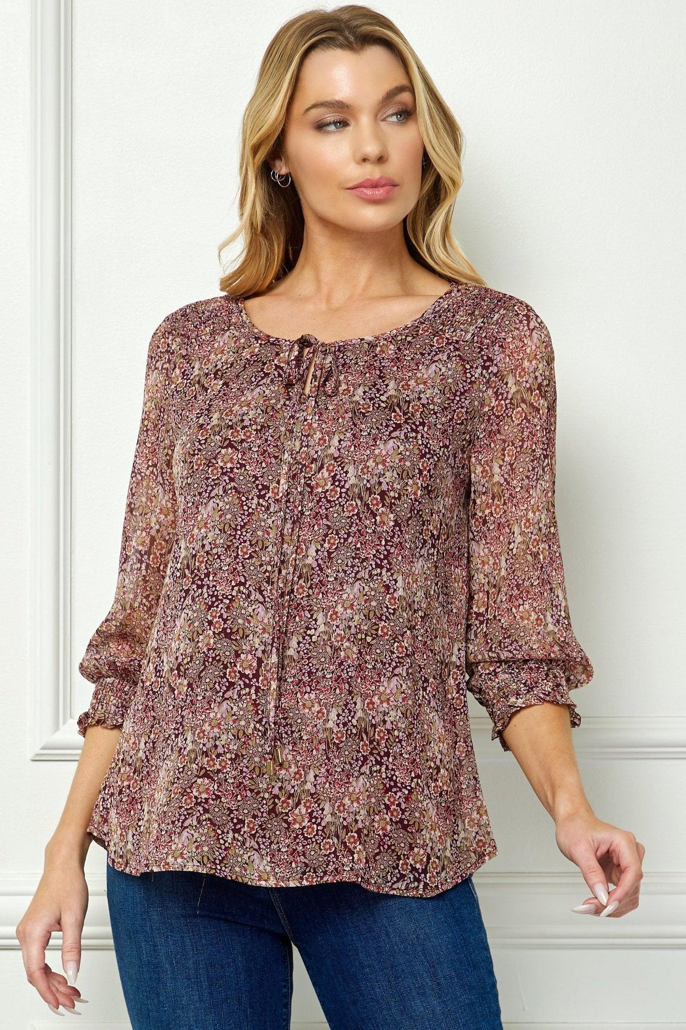 Burgundy Floral 3/4 Sleeve Blouse Female Product Image