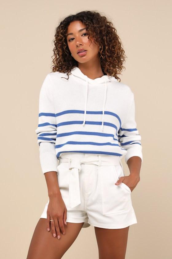 Comfy Aura Ivory and Blue Striped Knit Hooded Sweater Top Product Image