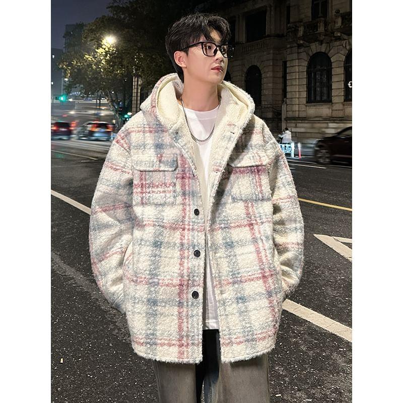 Hooded Drop Shoulder Plaid Button Down Oversized Coat Product Image