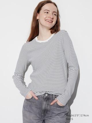 Womens Soft Ribbed Striped Crew Neck Long Sleeve T-Shirt Off White XS UNIQLO US Product Image