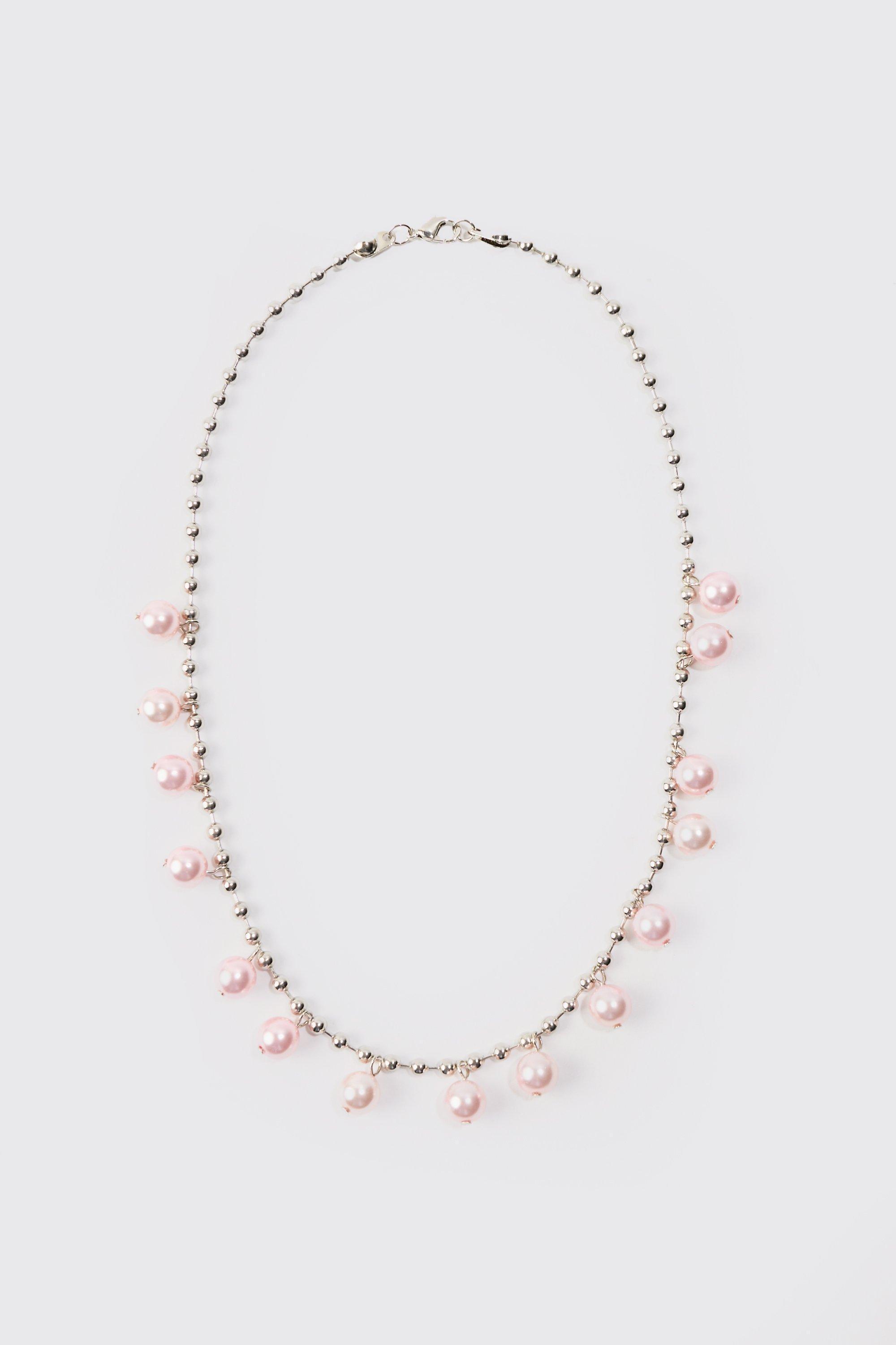 Pearl Bead Necklace In Silver | boohooMAN USA Product Image