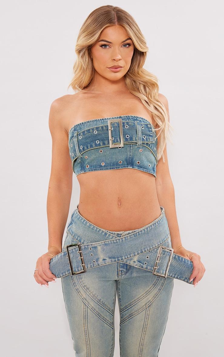 Vintage Wash Green Tint Belt Detail Denim Bandeau Crop Top Product Image