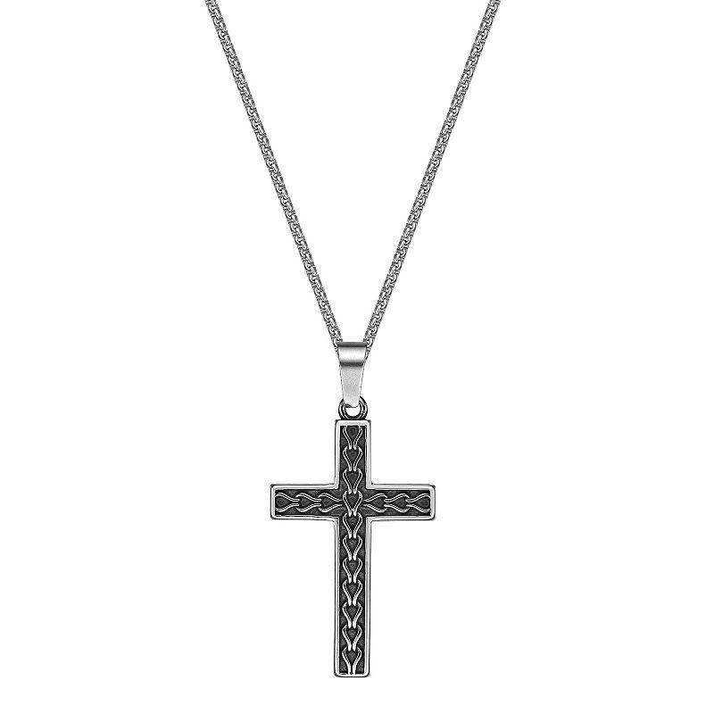 Mens LYNX Antiqued Finish Stainless Steel Cross Pendant Necklace Product Image