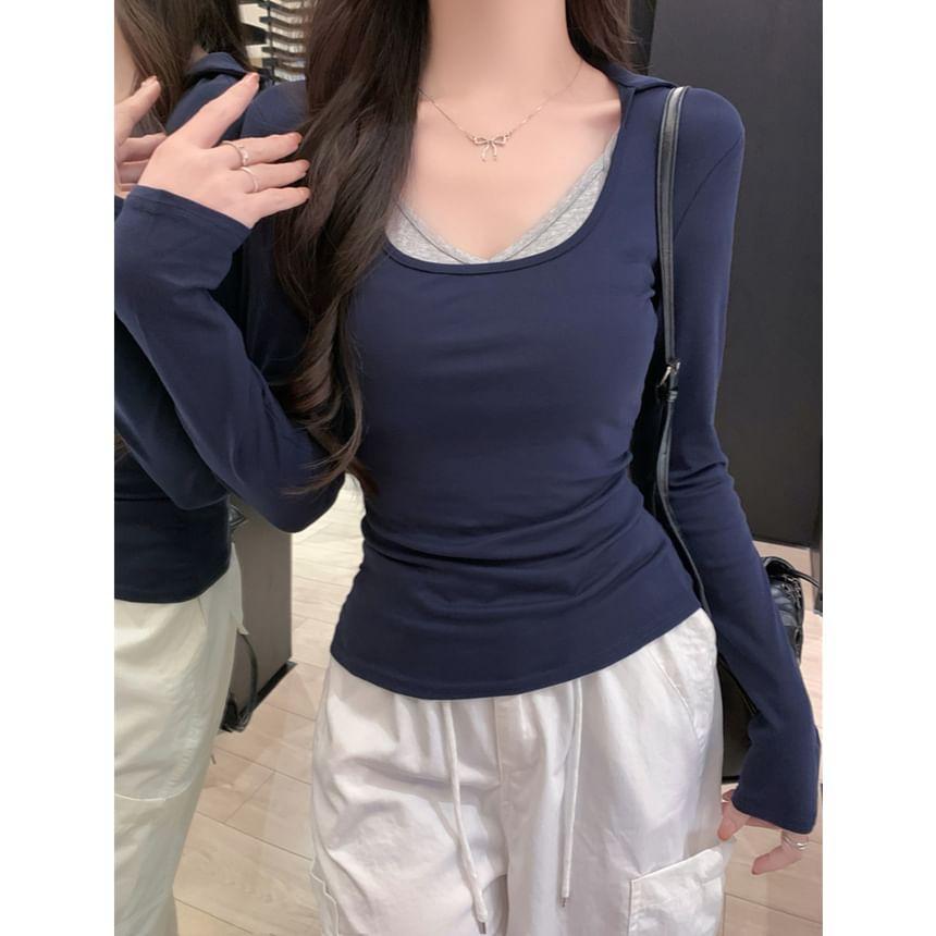 Long Sleeve V-Neck Mock Two Piece Tee Product Image