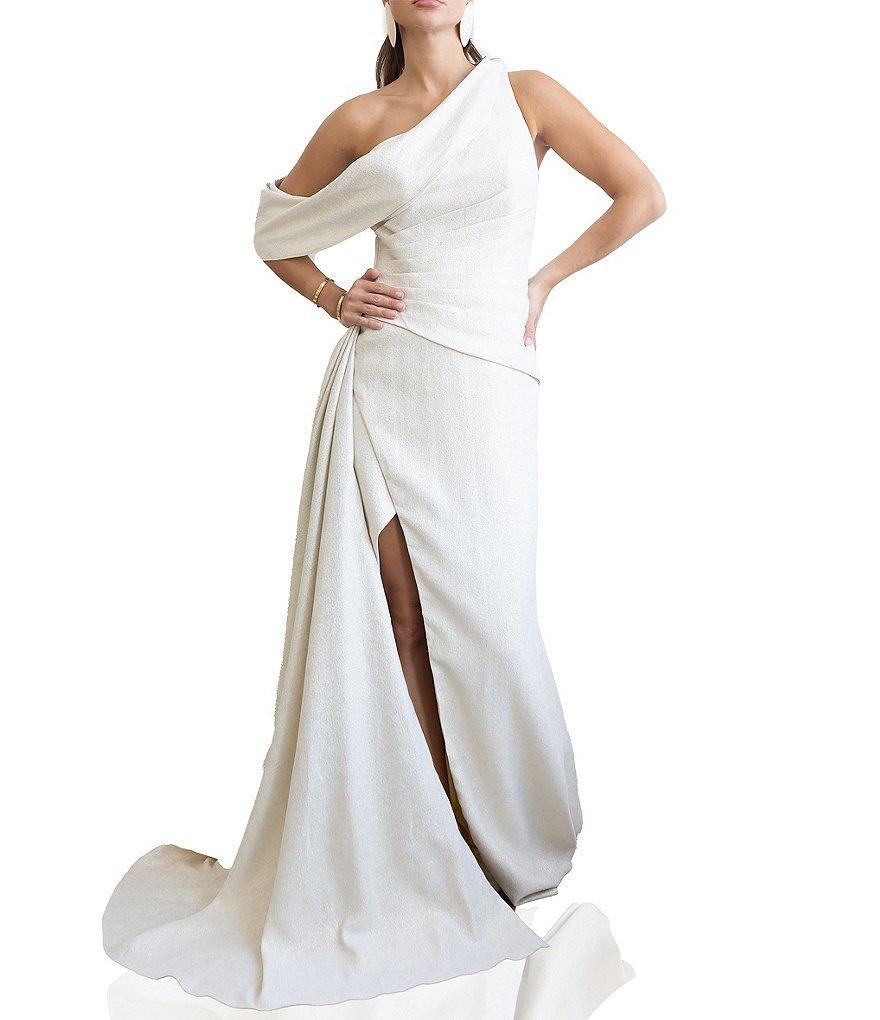 Terani Couture Jacquard Asymmetrical One Shoulder Off-the-Shoulder Draped Gown Product Image