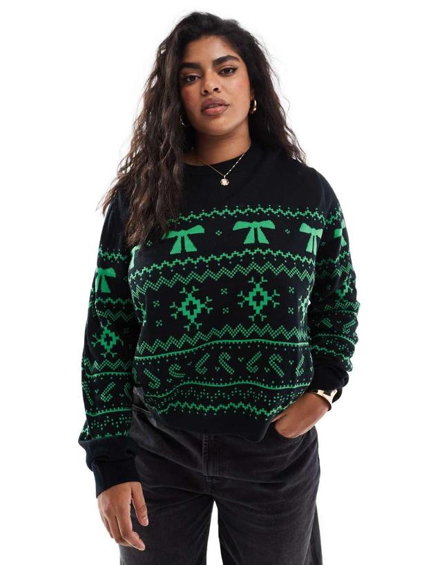 ASOS DESIGN Curve crew neck christmas sweater with fairisle pattern in black and green Product Image