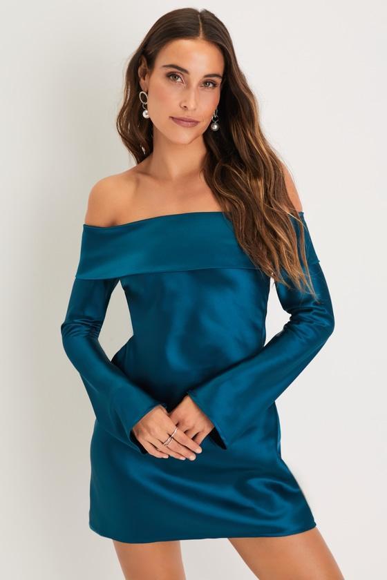 Luxurious Vision Teal Satin Off-the-Shoulder Mini Dress Product Image