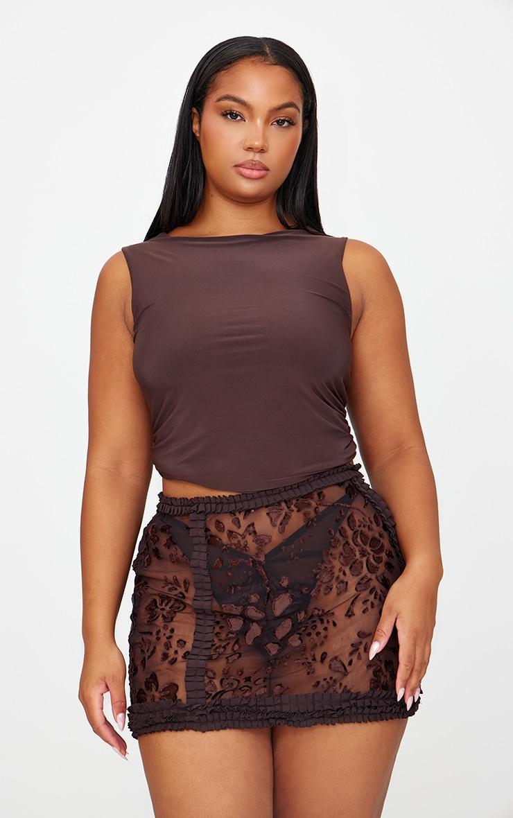 Plus Brown Devore Frill Detail Mini Skirt Product Image