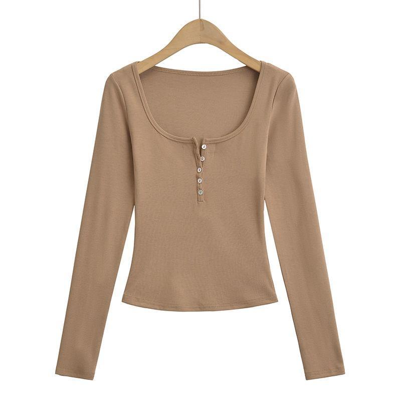 Long Sleeve Henley Scoop Neck Plain Crop T-Shirt Product Image