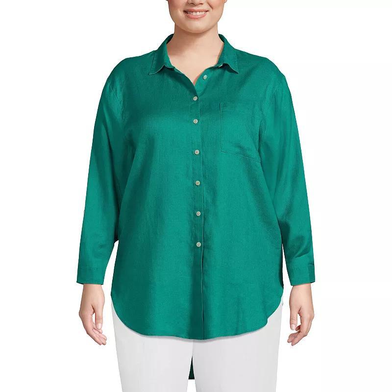 Plus Size Lands End Linen Roll Sleeve Relaxed-Fit Tunic, Womens Island Green Product Image