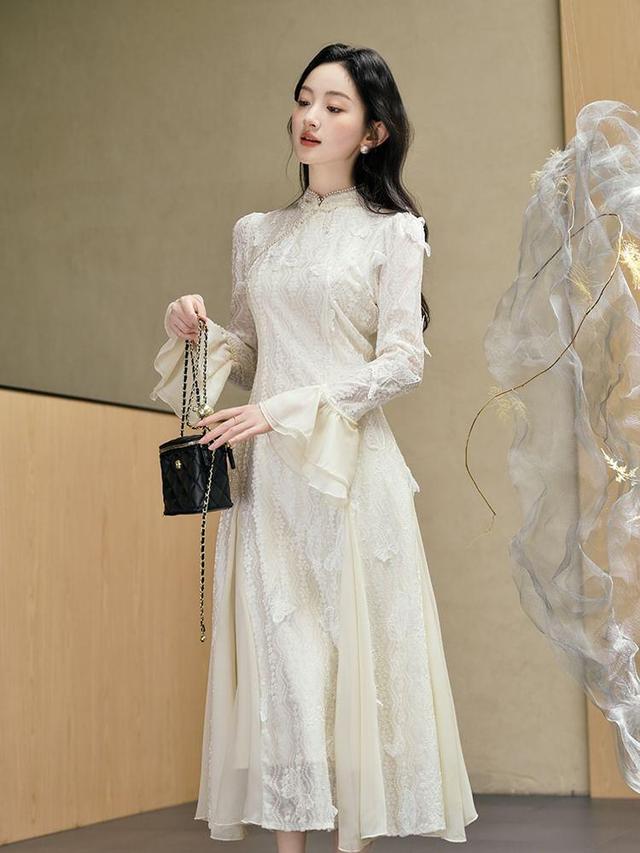 Bell Sleeve Mandarin Collar Panel Lace Midi A-Line Dress Product Image