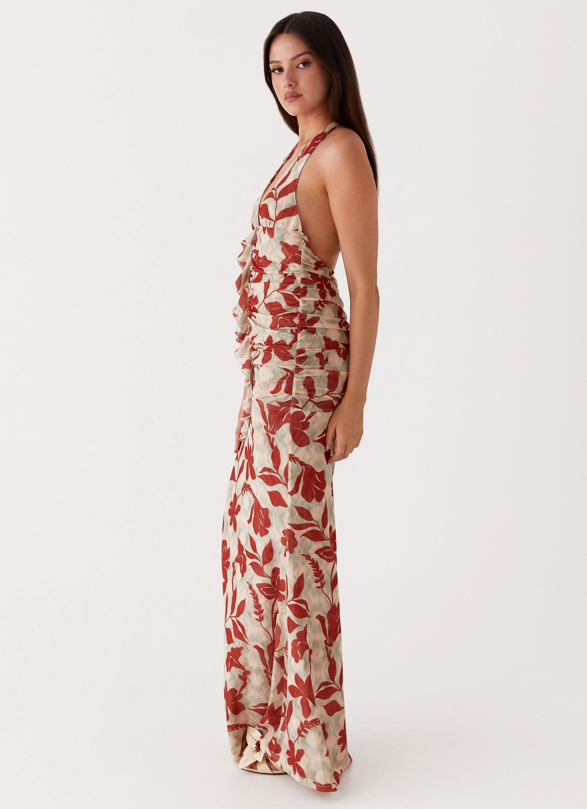 Ardenia Halter Maxi Dress - Red Green Floral Product Image