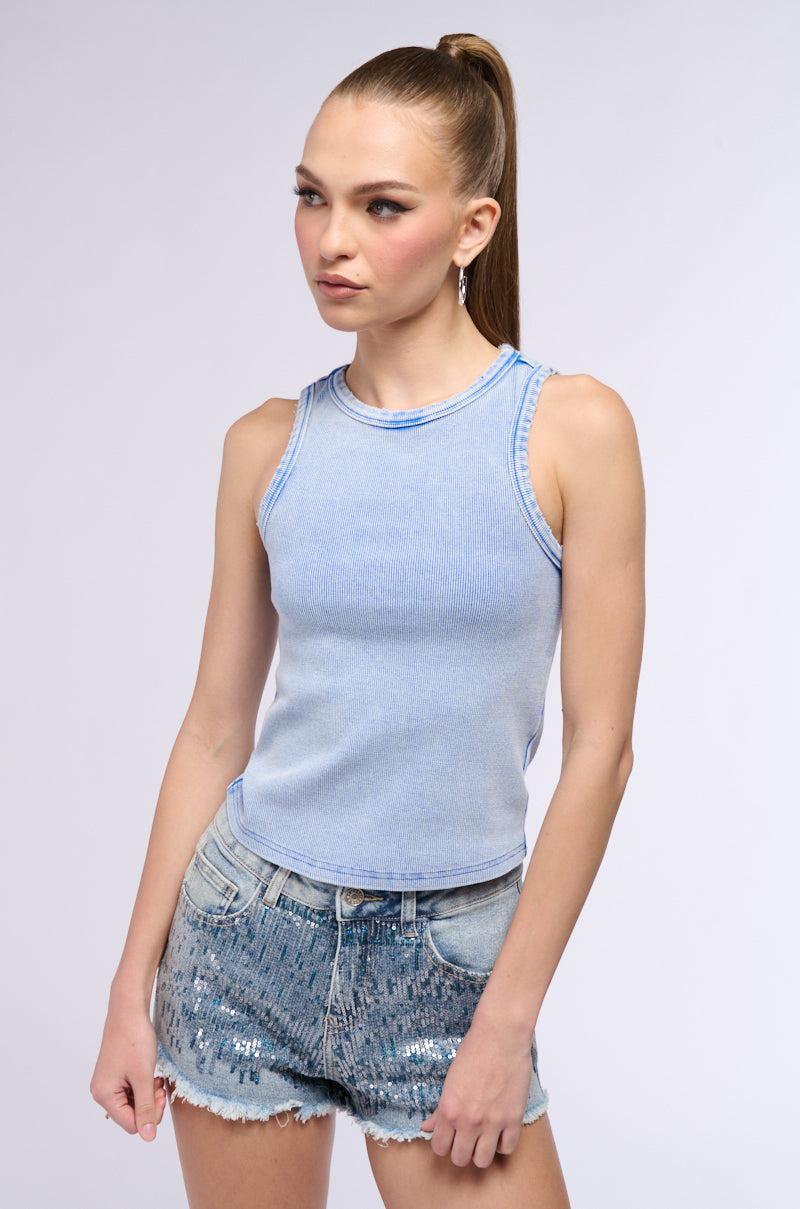 BASIC DISTRESSED MINERAL WASH TANK TOP IN BLUE Product Image