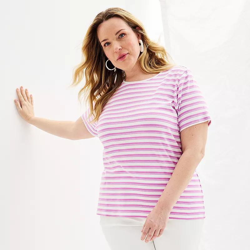 Plus Size Croft & Barrow Essential Crewneck Tee, Womens Blue Classic Stripe Product Image