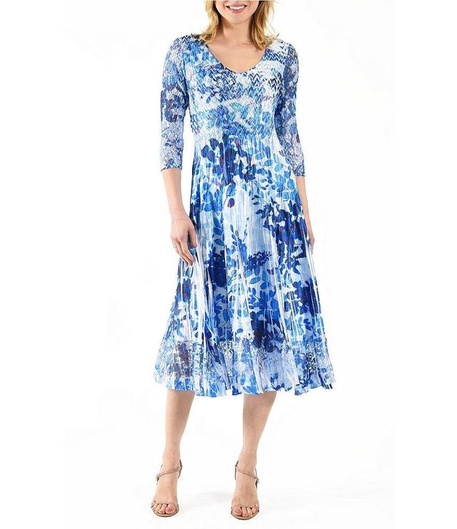 Komarov Charmeuse Floral Print Lace Insert V-Neck 3/4 Sleeve Pleated A-Line Dress Product Image