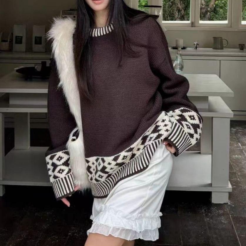 Crew Neck Drop Shoulder Patterned Oversized Sweater Product Image