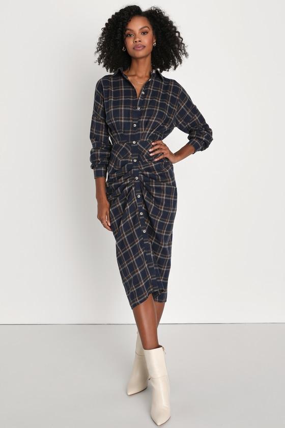 Seasonal Spirit Navy Blue Plaid Ruched Long Sleeve Midi Dress Product Image