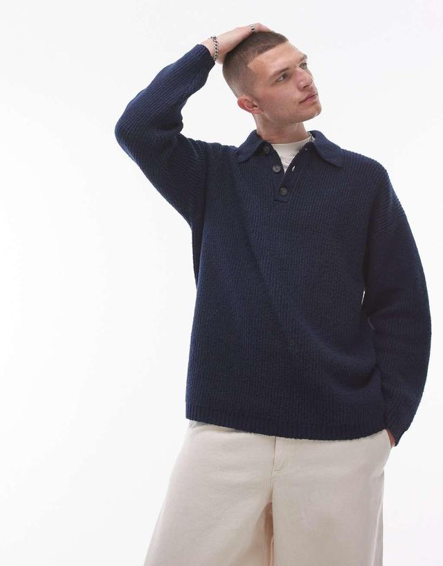 Topman relaxed fit compact knit polo sweater in navy Product Image