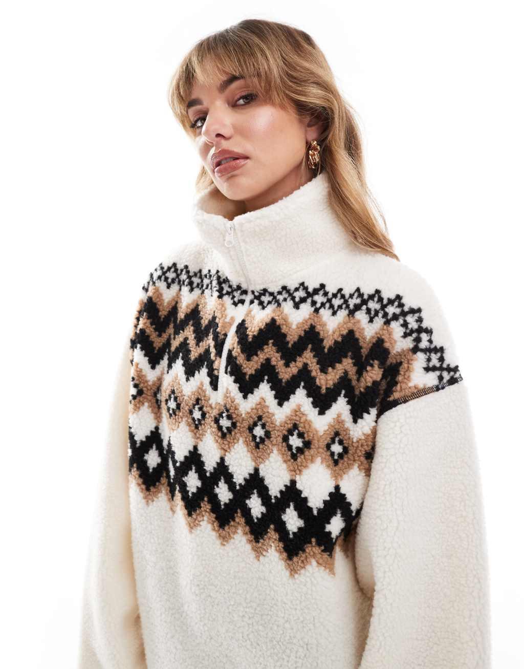 ASOS DESIGN borg half zip with fairisle design Product Image