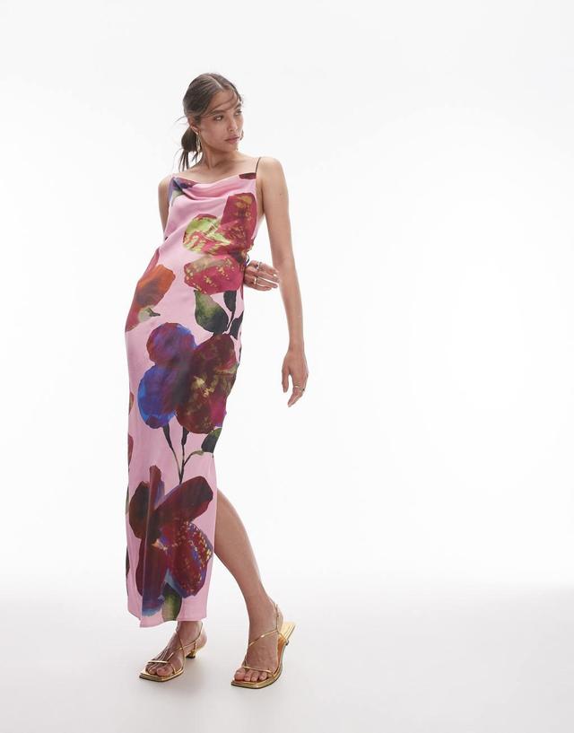 Topshop cowl neck scoop back midi dress in blurred floral Product Image