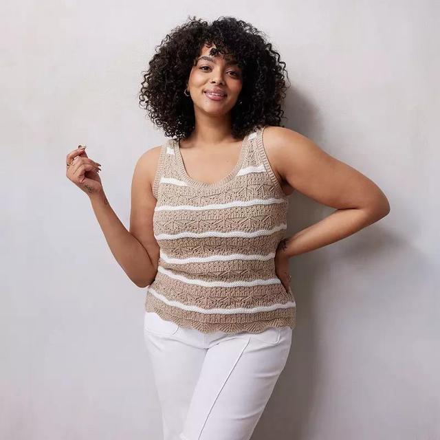 Plus Size LC Lauren Conrad Pointelle Scoopneck Sweater Tank Top, Womens Ivory Stripe Product Image