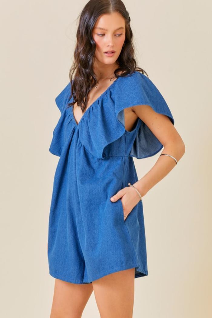 Ruffle Slv V-Neck Romper Product Image