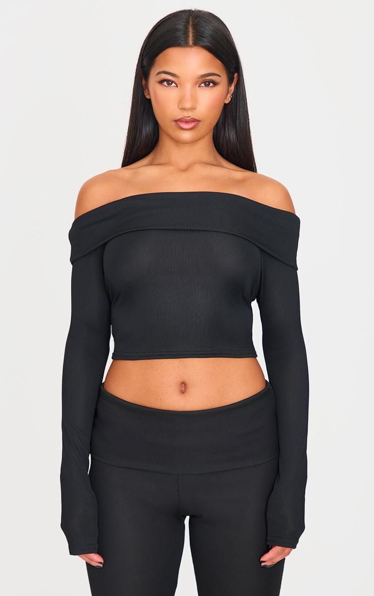 Black Rib Bardot Longline Foldover  Top Product Image