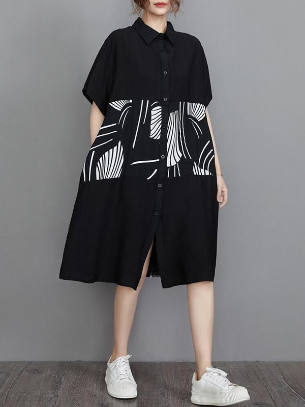 Artistic Retro Loose Printed Buttoned Midi Dress Product Image