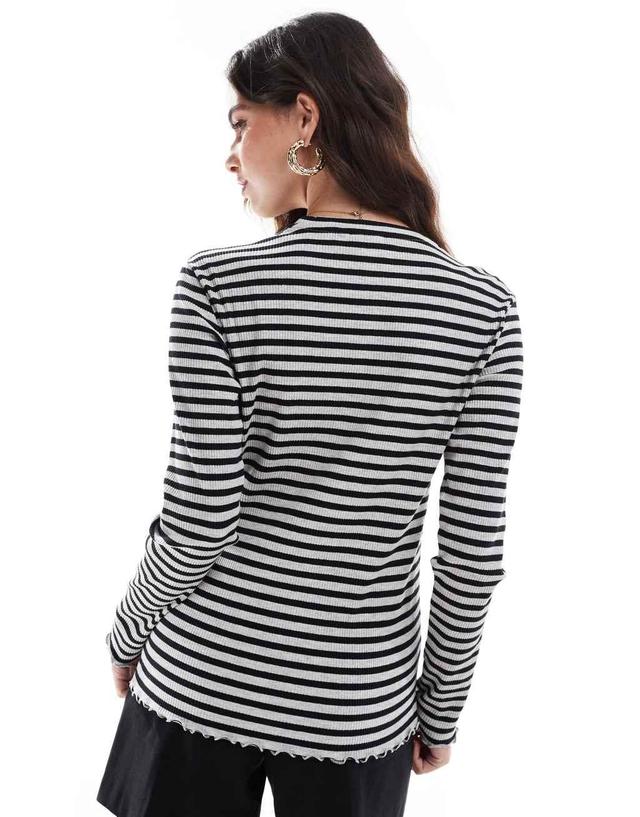 Vila lettuce edge long sleeved ribbed top in medium gray melange stripe Product Image