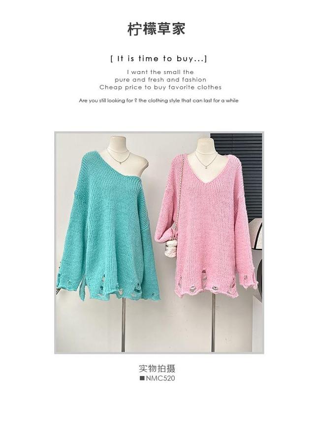 Oversized Distressed V-Neck Sweater in 6 Colors Product Image