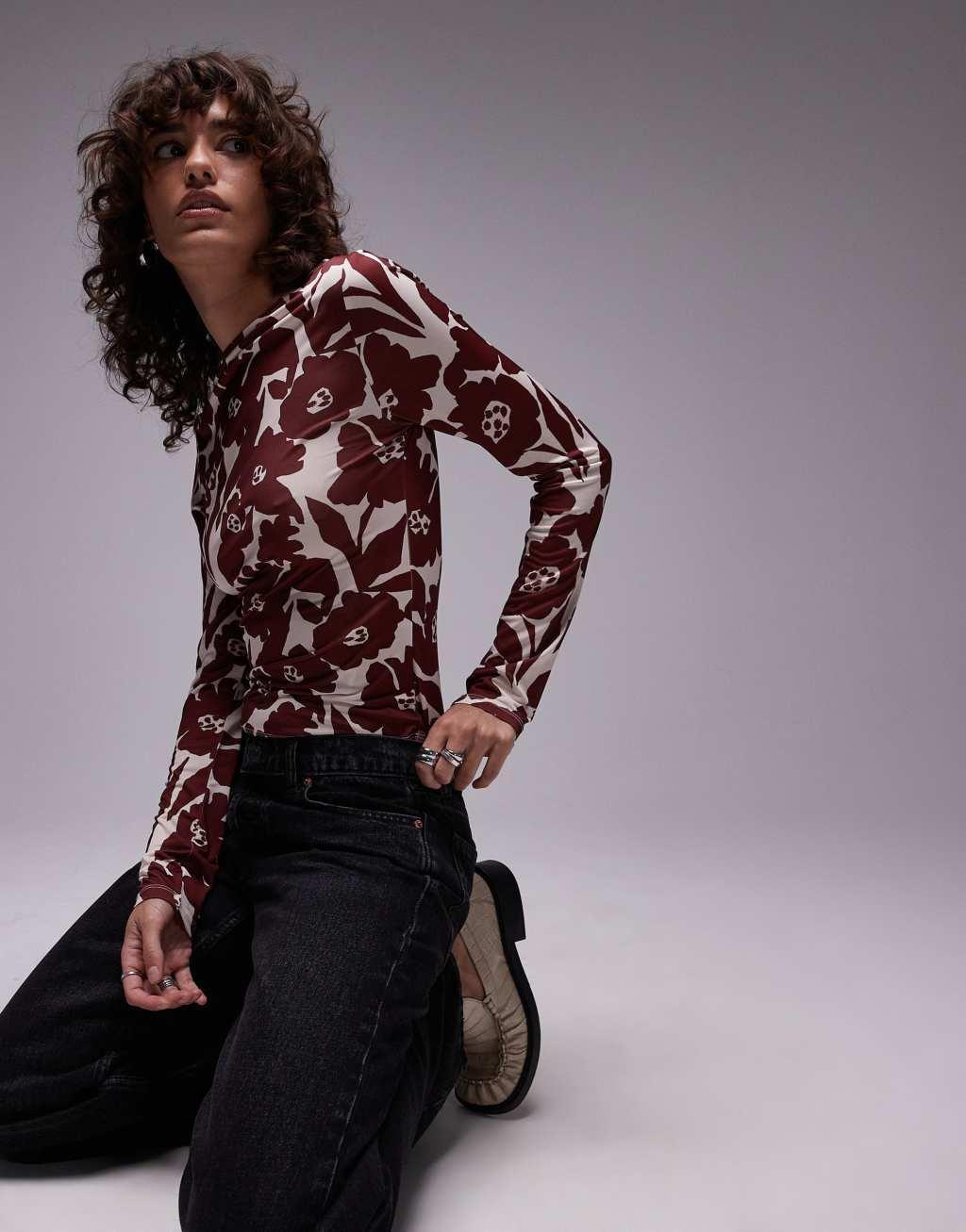 Topshop microfiber all over floral long sleeve top in red Product Image