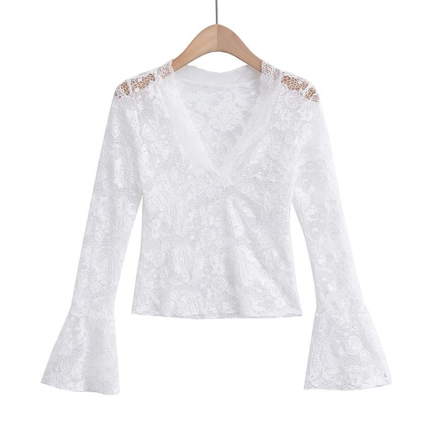 Long-Sleeve V-Neck Lace Slim Fit Top Product Image