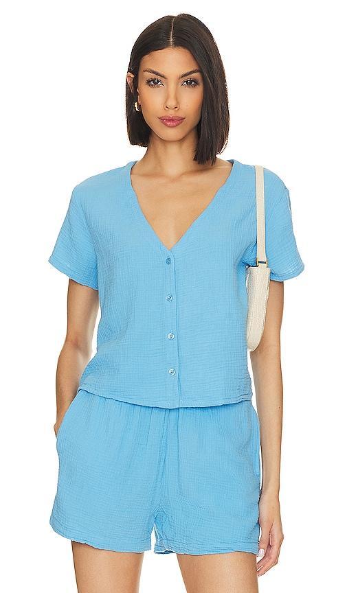 MONROW Gauze Button Down Top in Blue. Product Image