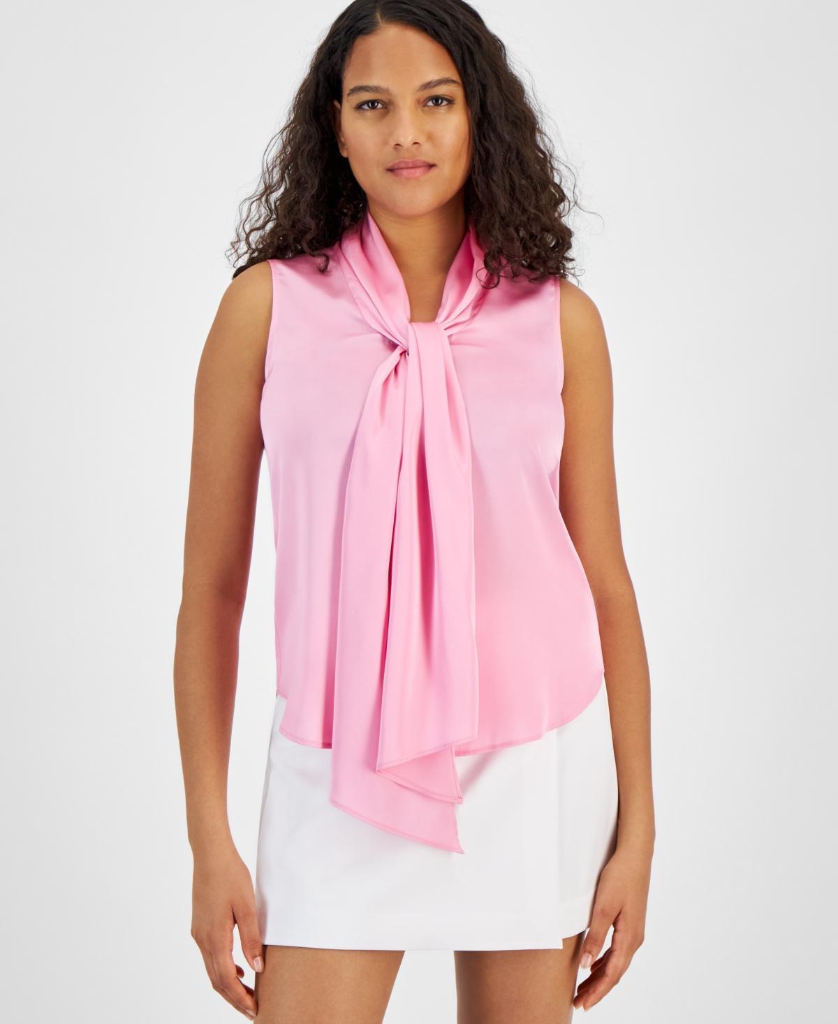 Bar Iii Womens Tie-Neck Sleeveless Satin Blouse, Created for Macys Product Image