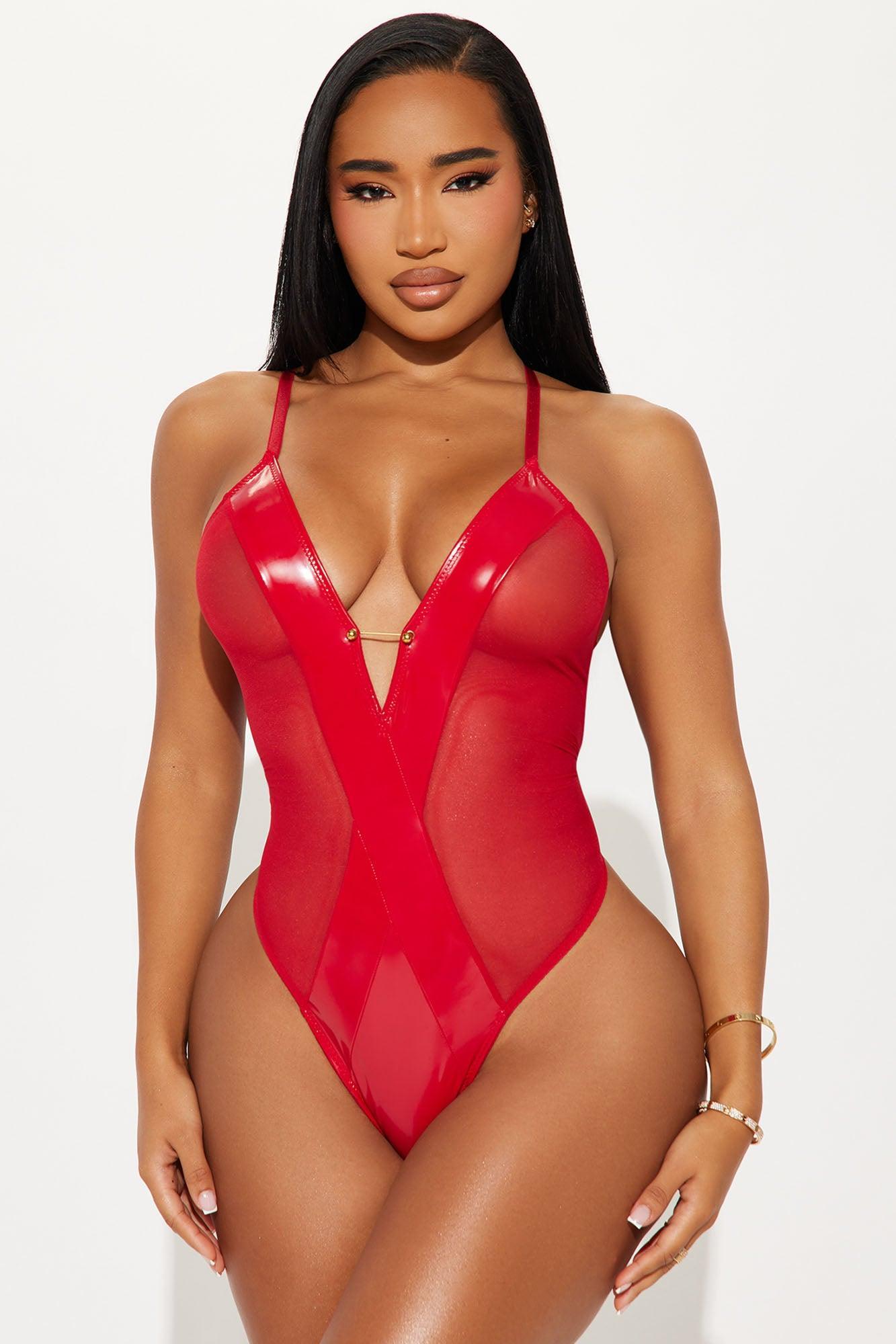 Just Listen Liquid Vinyl Crotchless Teddy - Red Product Image