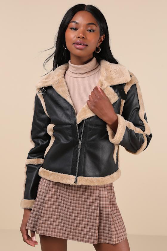 Chic Forecast Black and Beige Vegan Leather Faux Fur Trim Jacket Product Image