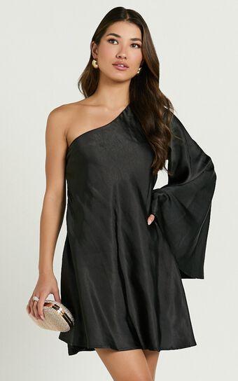 Karla Mini Dress - One Shoulder Long Sleeve Dress in Black Product Image