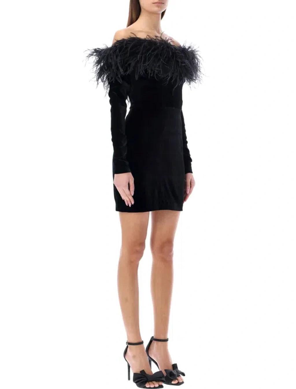 ALESSANDRA RICH Feather-trimmed Velvet Minidress In Black Product Image