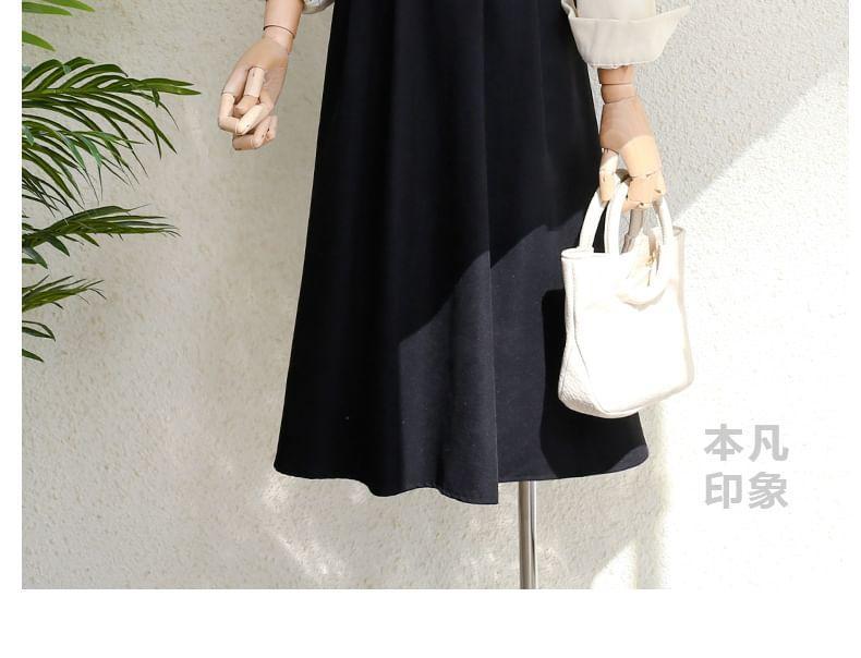 Long Sleeve Collared Mock Two Piece Double Breasted Midi A-Line Dress Product Image