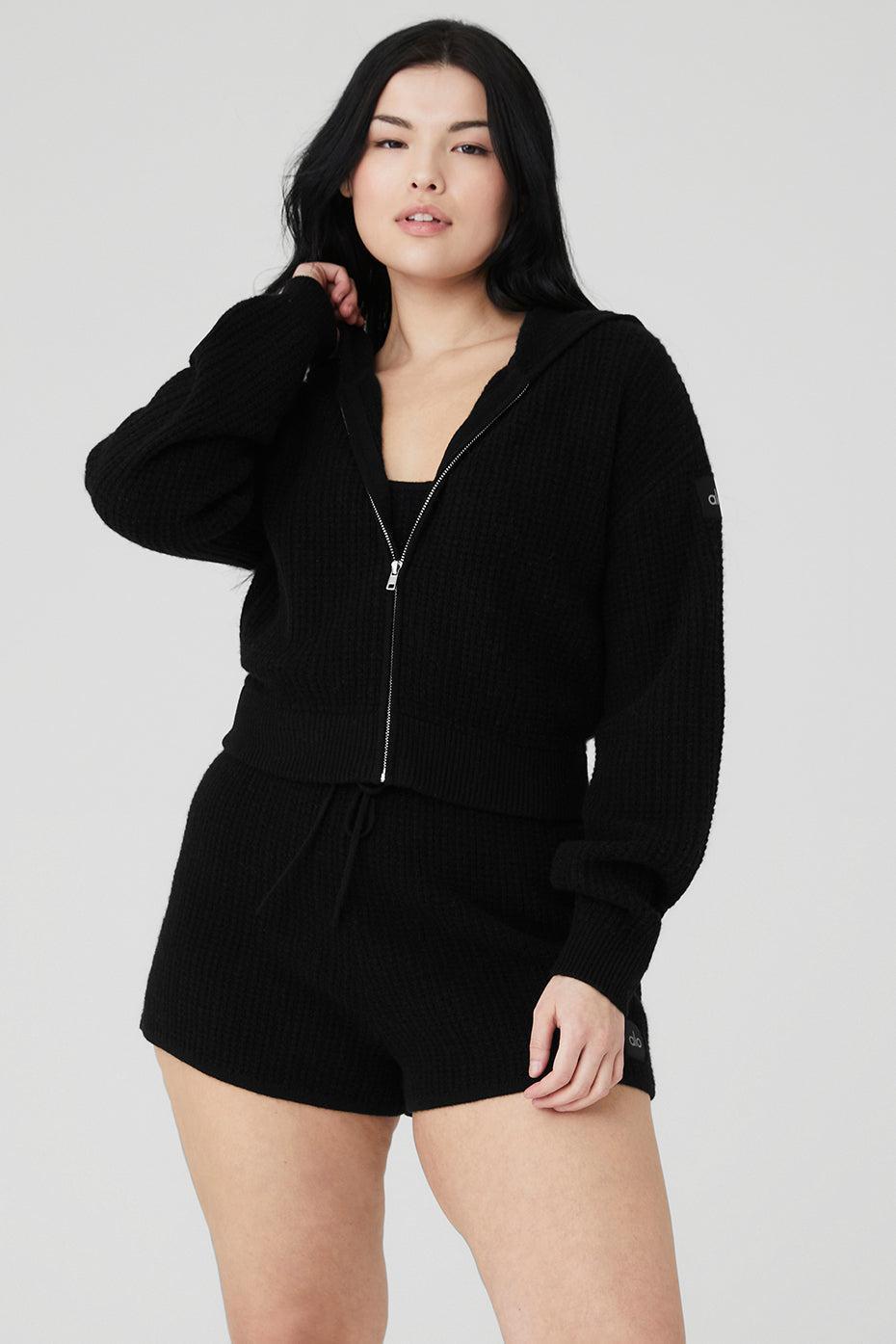 Cashmere Plush Waffle Full Zip Hoodie - Black Female Product Image