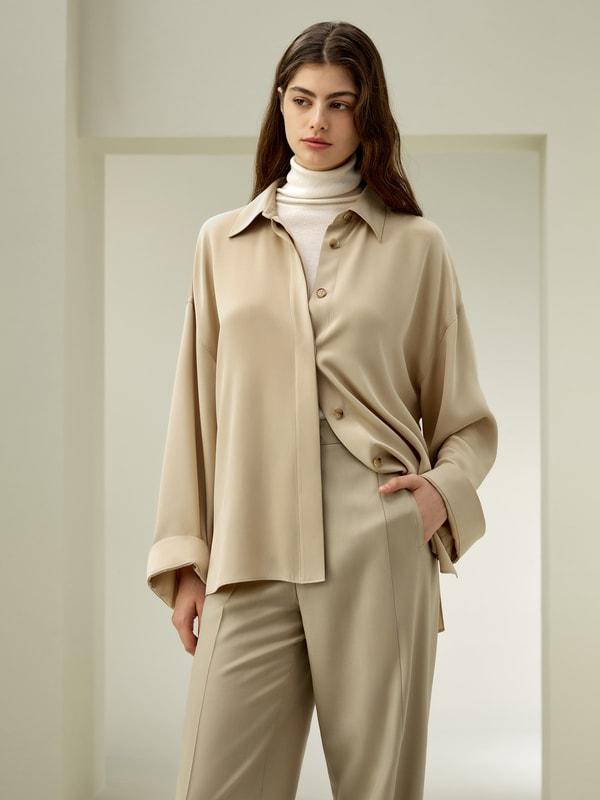 Relaxed Fit Drape Oversized Silk Shirt Product Image