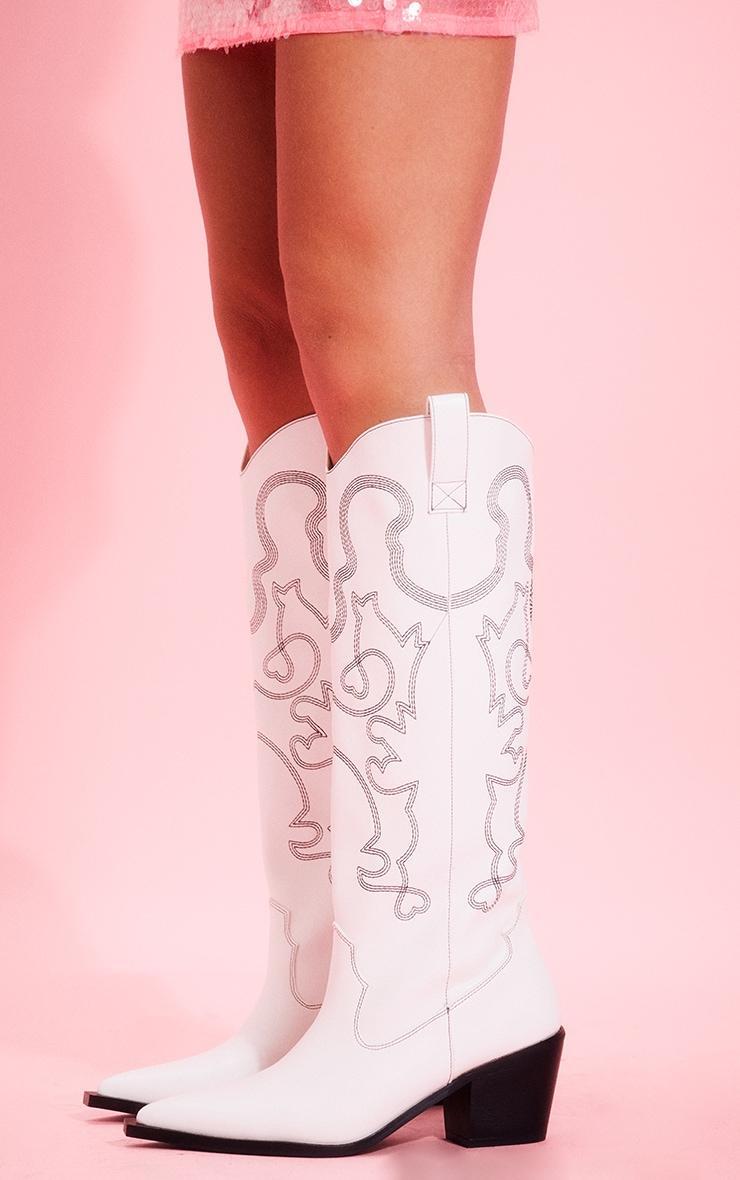 White Pu Point Toe Block Heel Knee High Western Boots product image