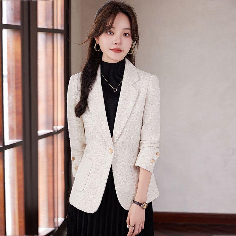 Lapel Collar Plain Tweed Single Button Blazer Product Image