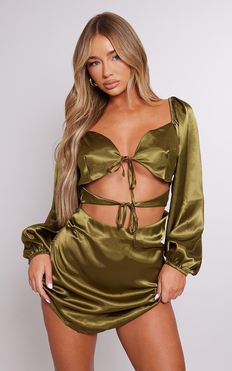 Olive Satin Cut Out Tie Detail Shift Dress Product Image