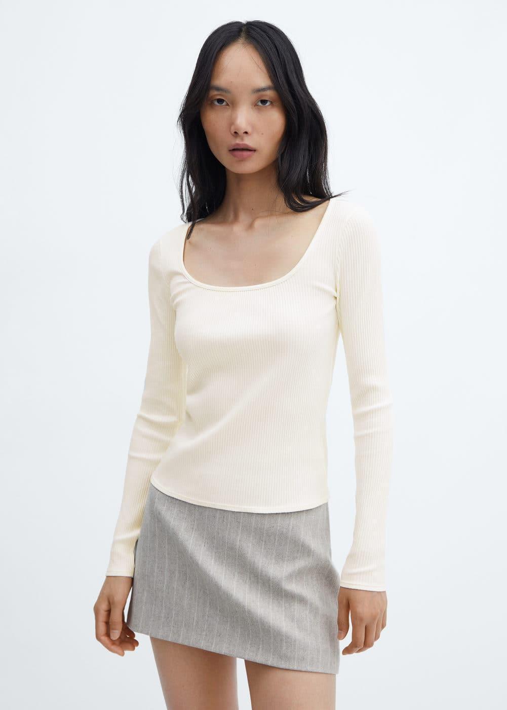 MANGO - Ribbed Squared neckline t-shirt off whiteWomen Product Image