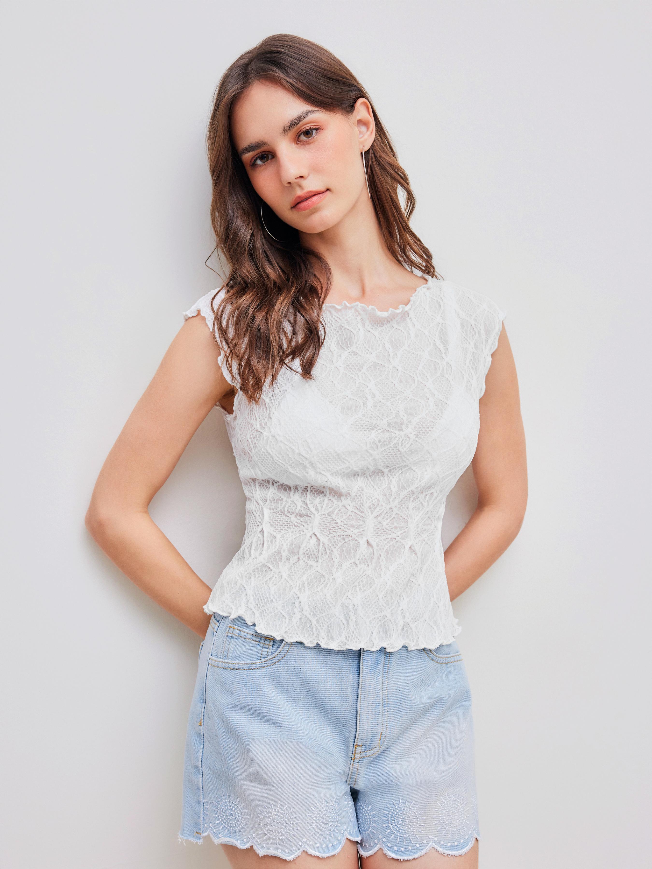 Lace Boat Neck Lettuce Trim Tank Top Product Image